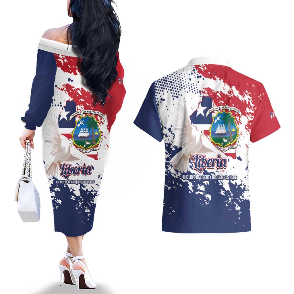 Liberia 1847 Independence Day Couples Matching Off The Shoulder Long Sleeve Dress and Hawaiian Shirt Coat Of Arms Grunge Style