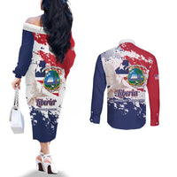 Liberia 1847 Independence Day Couples Matching Off The Shoulder Long Sleeve Dress and Long Sleeve Button Shirt Coat Of Arms Grunge Style