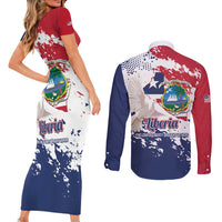 Liberia 1847 Independence Day Couples Matching Short Sleeve Bodycon Dress and Long Sleeve Button Shirt Coat Of Arms Grunge Style