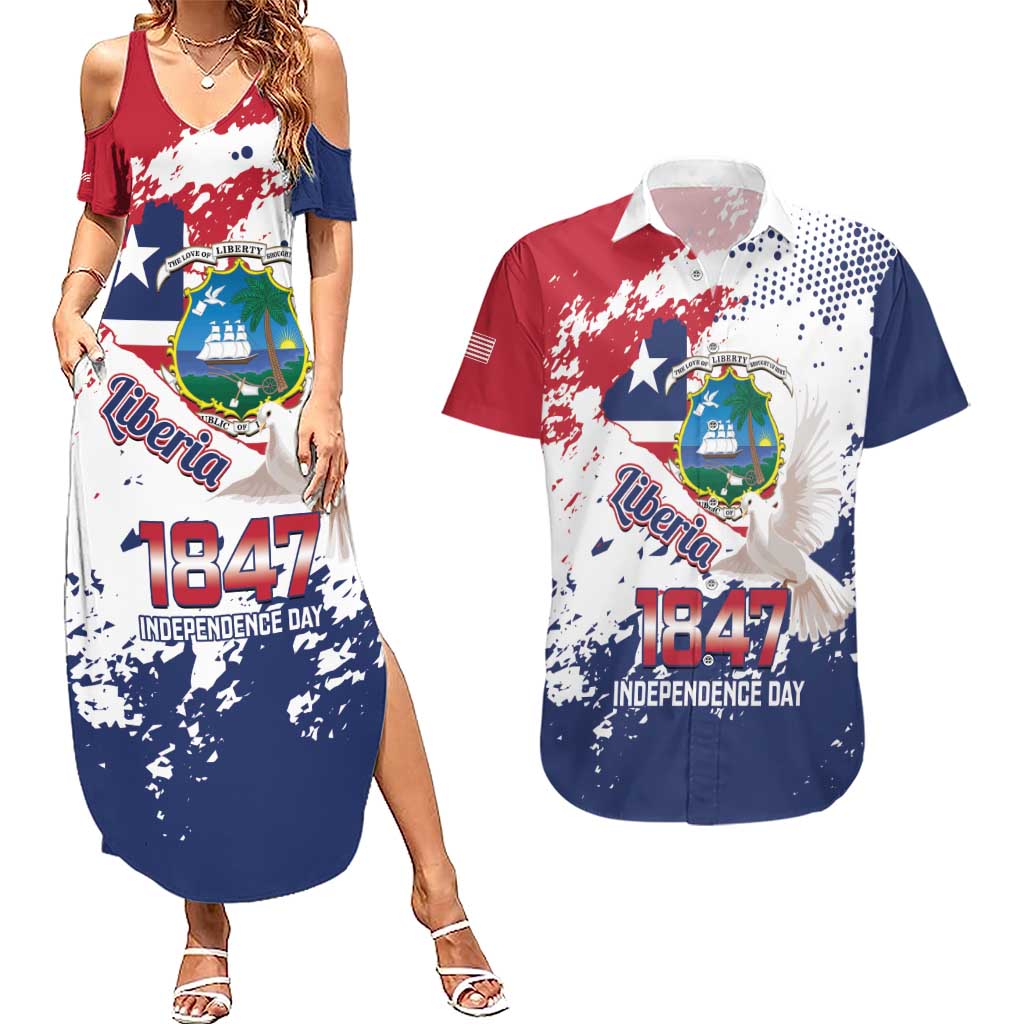 Liberia 1847 Independence Day Couples Matching Summer Maxi Dress and Hawaiian Shirt Coat Of Arms Grunge Style