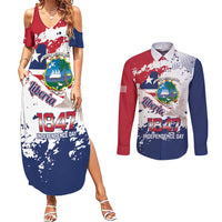 Liberia 1847 Independence Day Couples Matching Summer Maxi Dress and Long Sleeve Button Shirt Coat Of Arms Grunge Style