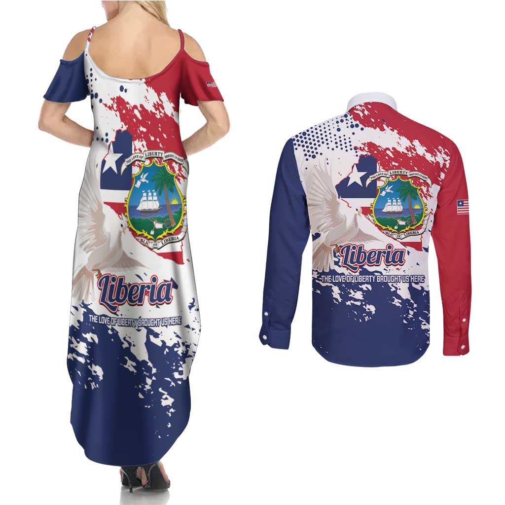Liberia 1847 Independence Day Couples Matching Summer Maxi Dress and Long Sleeve Button Shirt Coat Of Arms Grunge Style