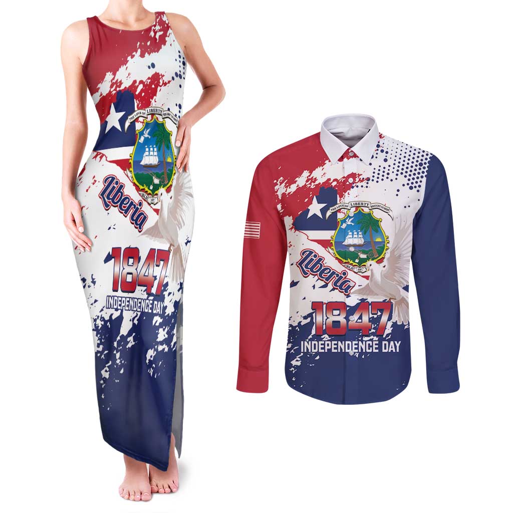 Liberia 1847 Independence Day Couples Matching Tank Maxi Dress and Long Sleeve Button Shirt Coat Of Arms Grunge Style