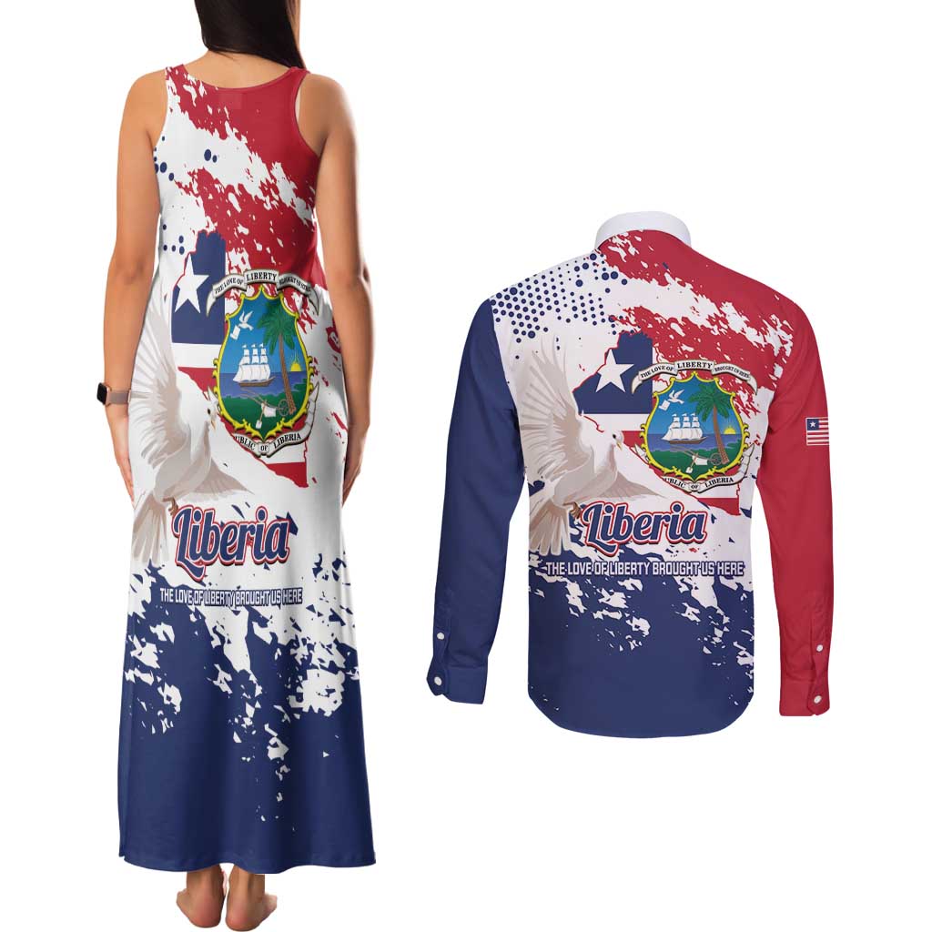 Liberia 1847 Independence Day Couples Matching Tank Maxi Dress and Long Sleeve Button Shirt Coat Of Arms Grunge Style