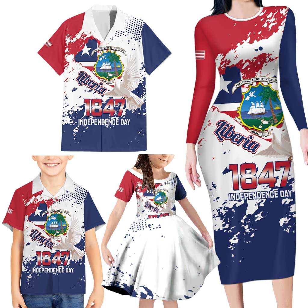 Liberia 1847 Independence Day Family Matching Long Sleeve Bodycon Dress and Hawaiian Shirt Coat Of Arms Grunge Style