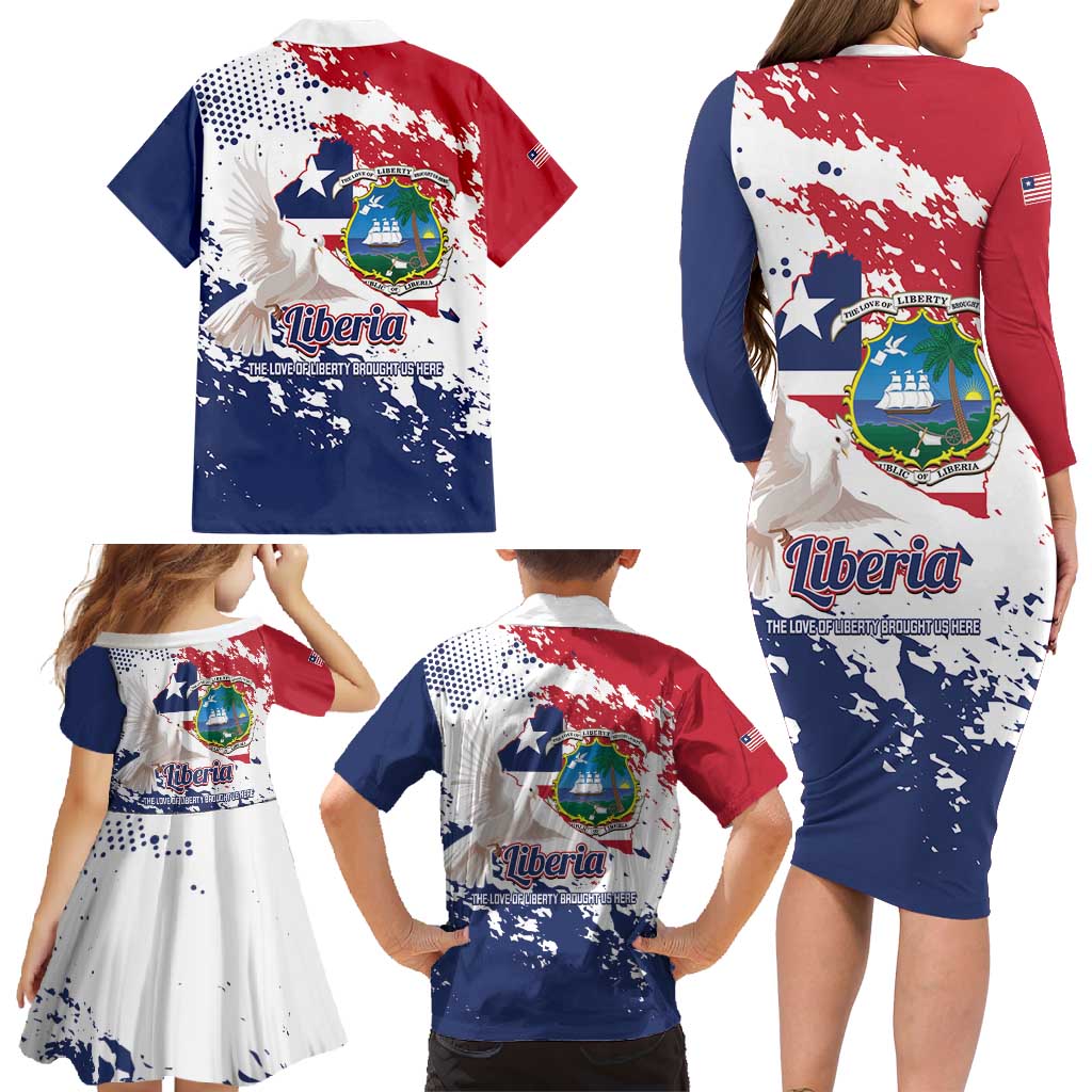 Liberia 1847 Independence Day Family Matching Long Sleeve Bodycon Dress and Hawaiian Shirt Coat Of Arms Grunge Style