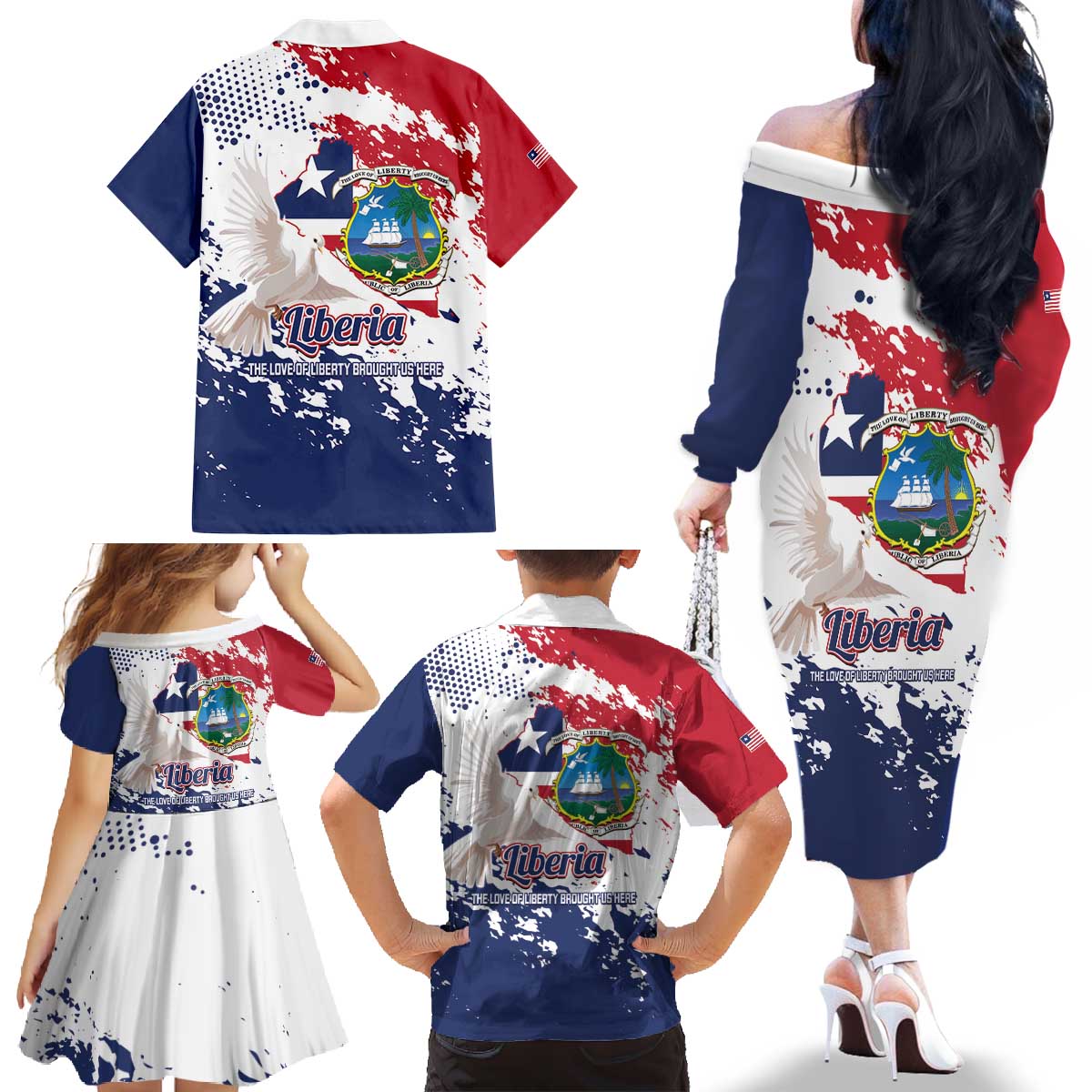 Liberia 1847 Independence Day Family Matching Off The Shoulder Long Sleeve Dress and Hawaiian Shirt Coat Of Arms Grunge Style