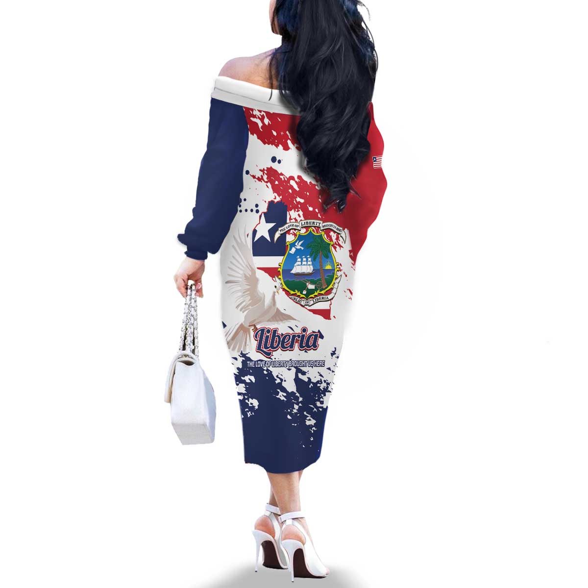 Liberia 1847 Independence Day Family Matching Off The Shoulder Long Sleeve Dress and Hawaiian Shirt Coat Of Arms Grunge Style