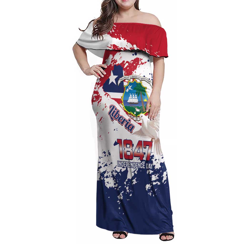 Liberia 1847 Independence Day Family Matching Off Shoulder Maxi Dress and Hawaiian Shirt Coat Of Arms Grunge Style