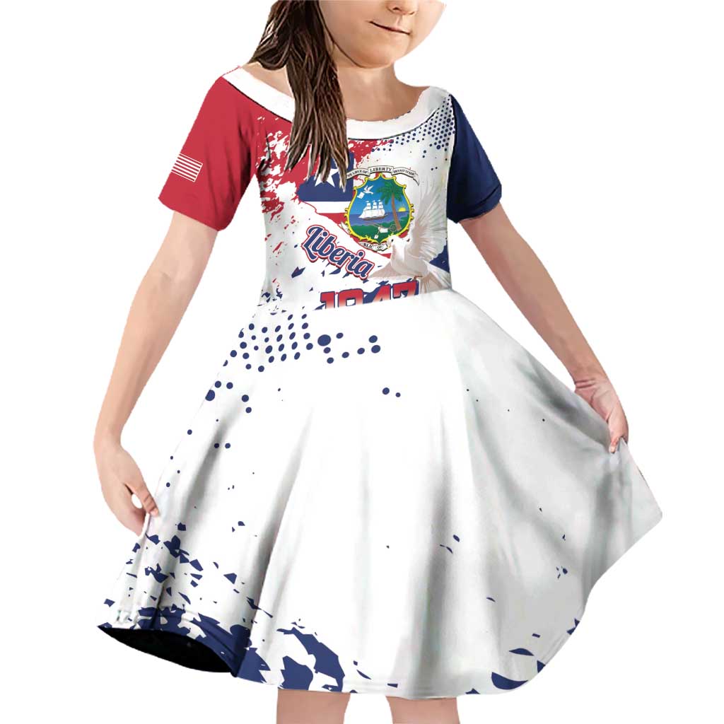 Liberia 1847 Independence Day Family Matching Off Shoulder Short Dress and Hawaiian Shirt Coat Of Arms Grunge Style