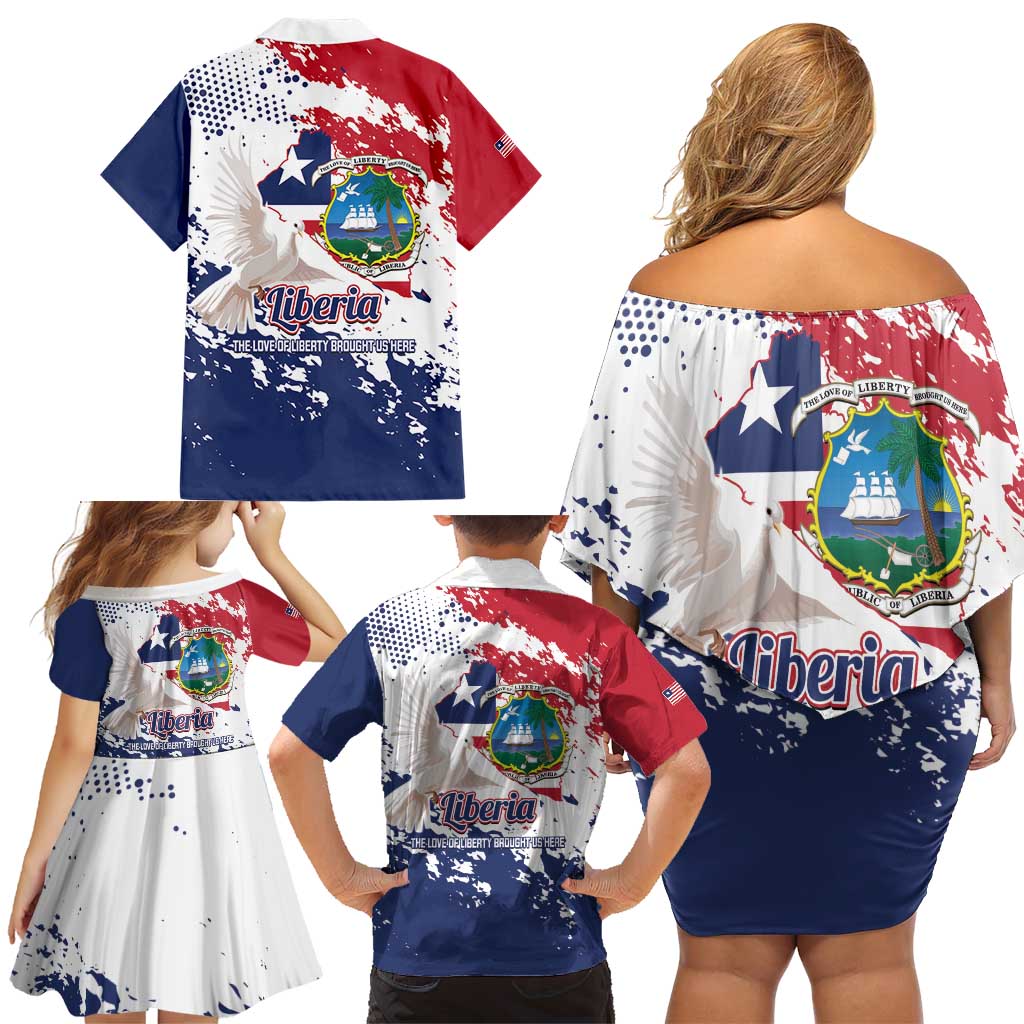 Liberia 1847 Independence Day Family Matching Off Shoulder Short Dress and Hawaiian Shirt Coat Of Arms Grunge Style