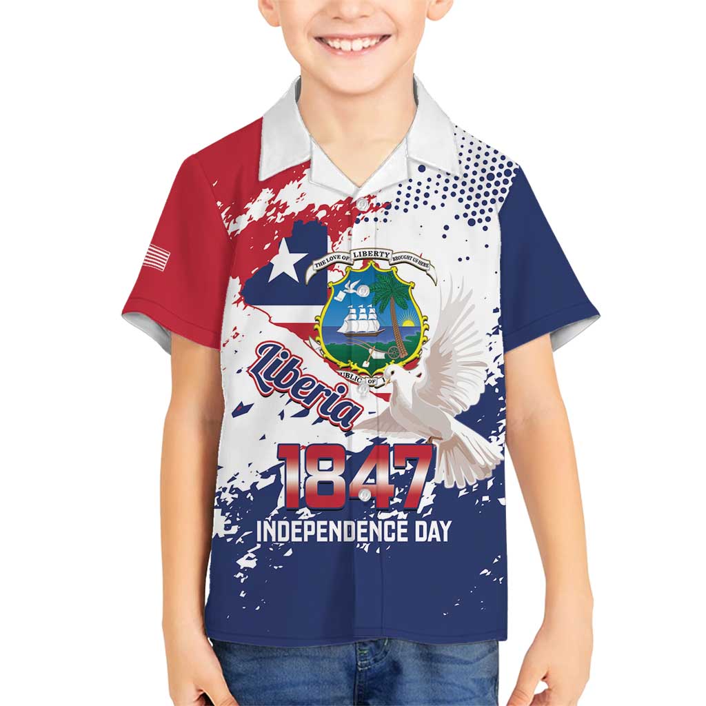 Liberia 1847 Independence Day Family Matching Off Shoulder Short Dress and Hawaiian Shirt Coat Of Arms Grunge Style