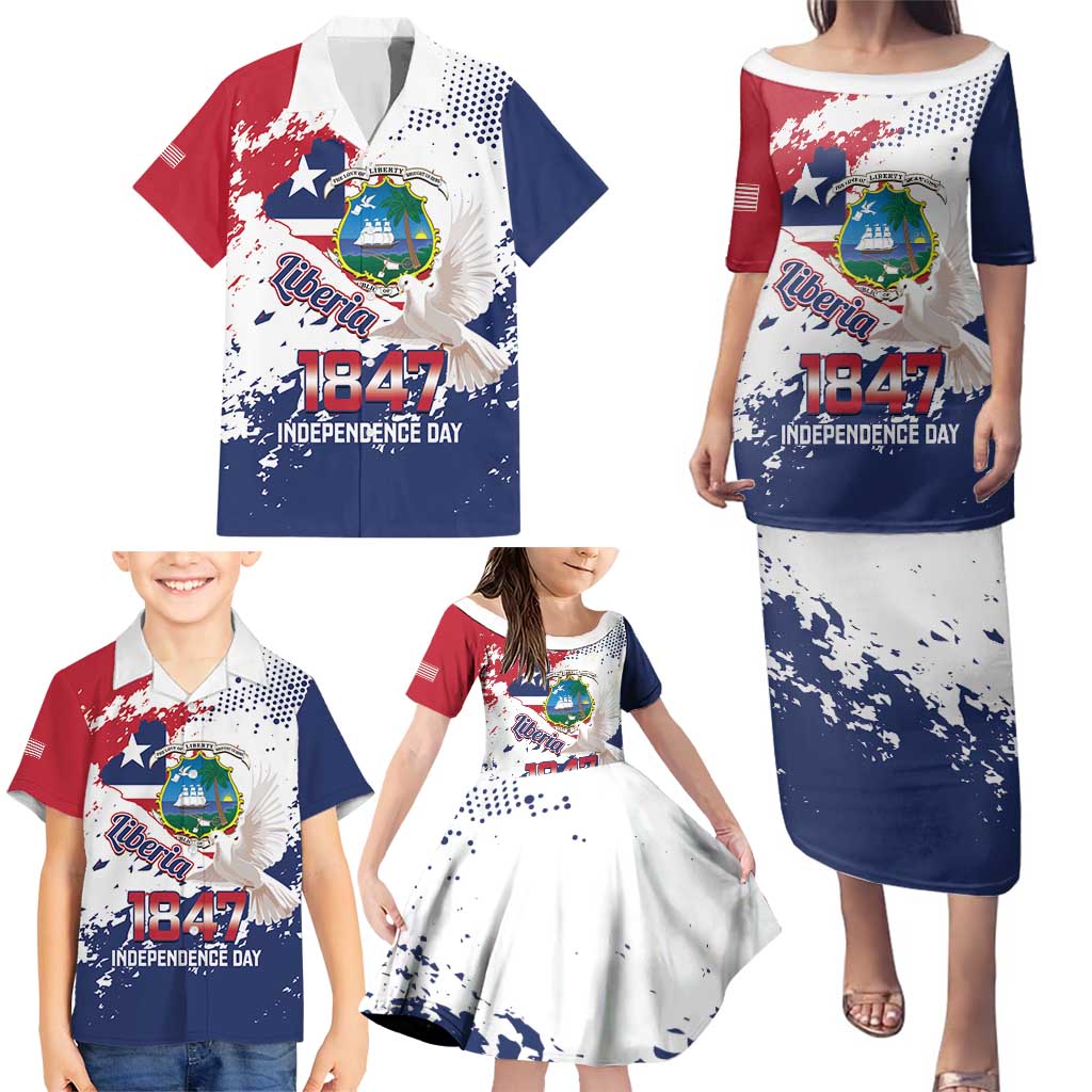 Liberia 1847 Independence Day Family Matching Puletasi and Hawaiian Shirt Coat Of Arms Grunge Style