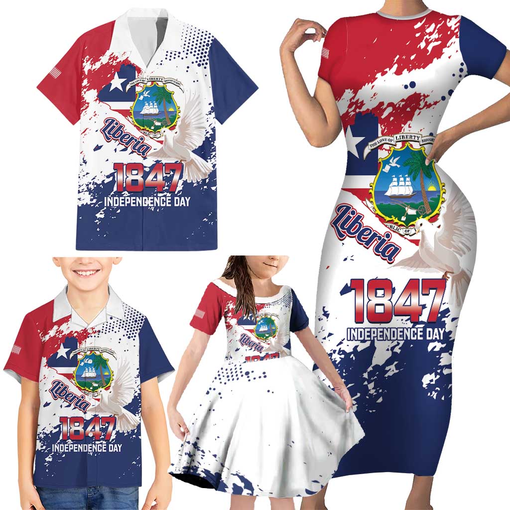 Liberia 1847 Independence Day Family Matching Short Sleeve Bodycon Dress and Hawaiian Shirt Coat Of Arms Grunge Style