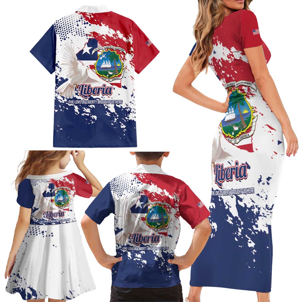 Liberia 1847 Independence Day Family Matching Short Sleeve Bodycon Dress and Hawaiian Shirt Coat Of Arms Grunge Style
