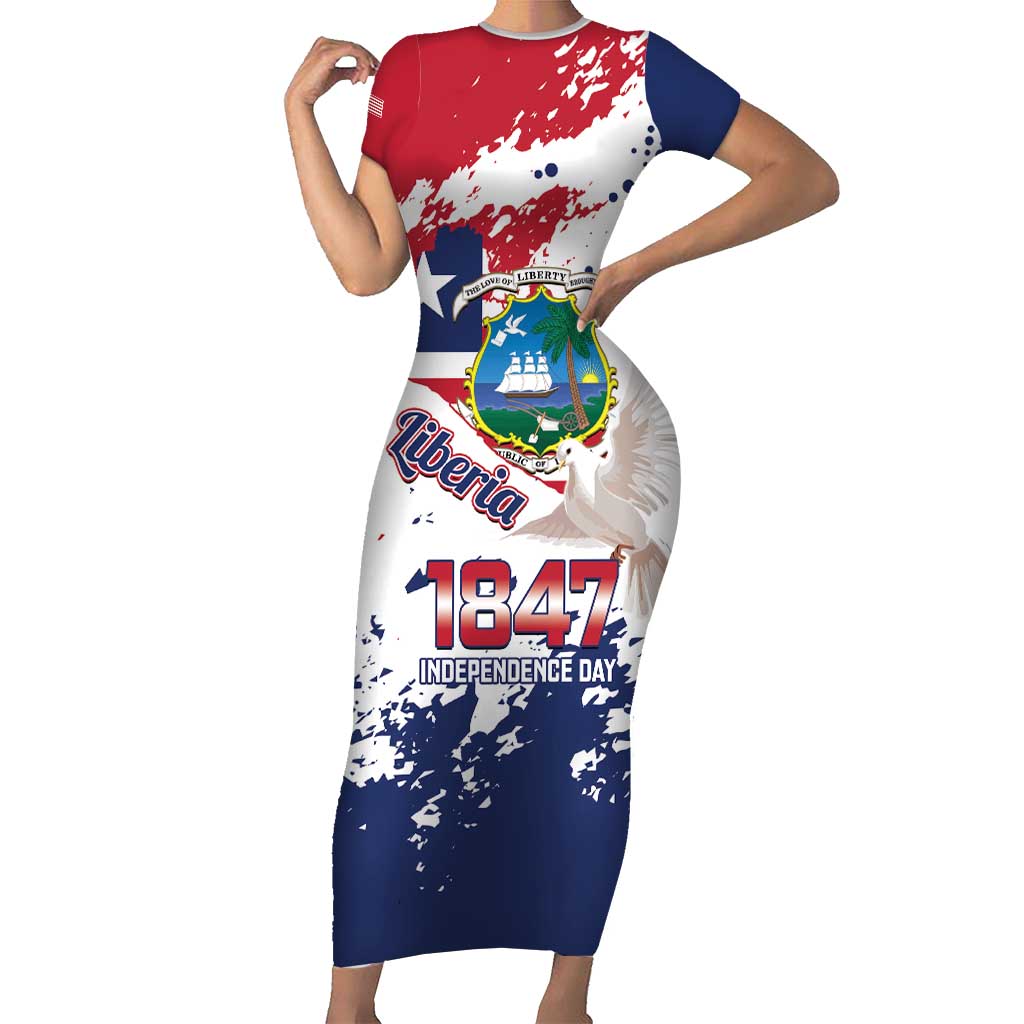 Liberia 1847 Independence Day Family Matching Short Sleeve Bodycon Dress and Hawaiian Shirt Coat Of Arms Grunge Style