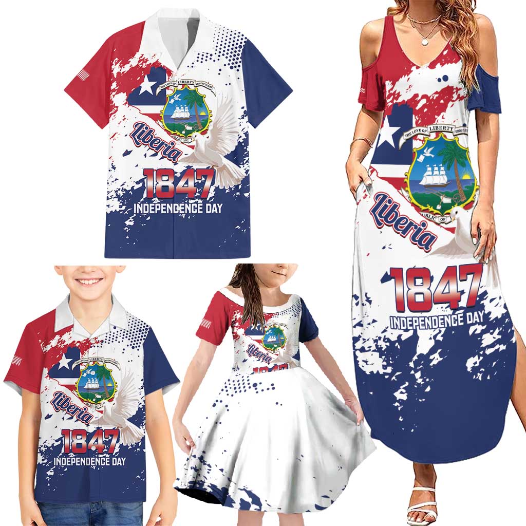 Liberia 1847 Independence Day Family Matching Summer Maxi Dress and Hawaiian Shirt Coat Of Arms Grunge Style