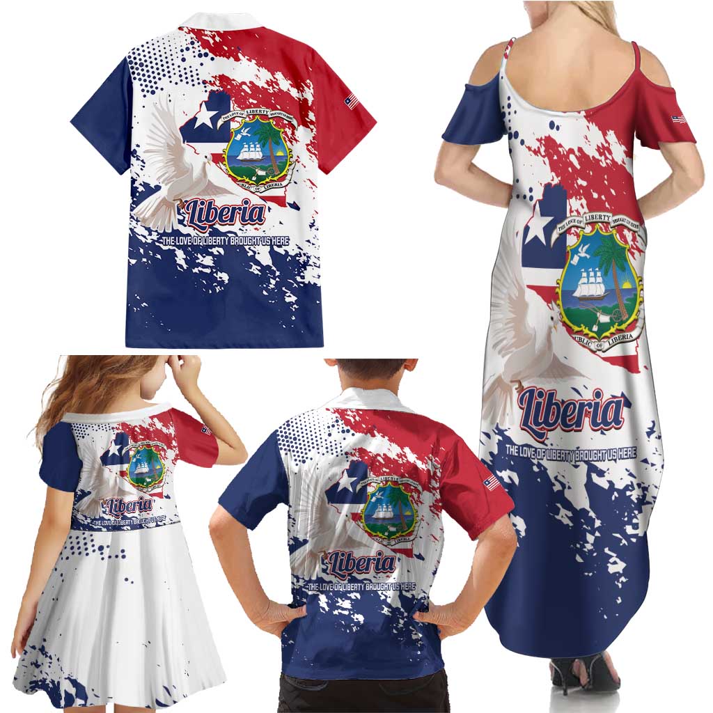 Liberia 1847 Independence Day Family Matching Summer Maxi Dress and Hawaiian Shirt Coat Of Arms Grunge Style