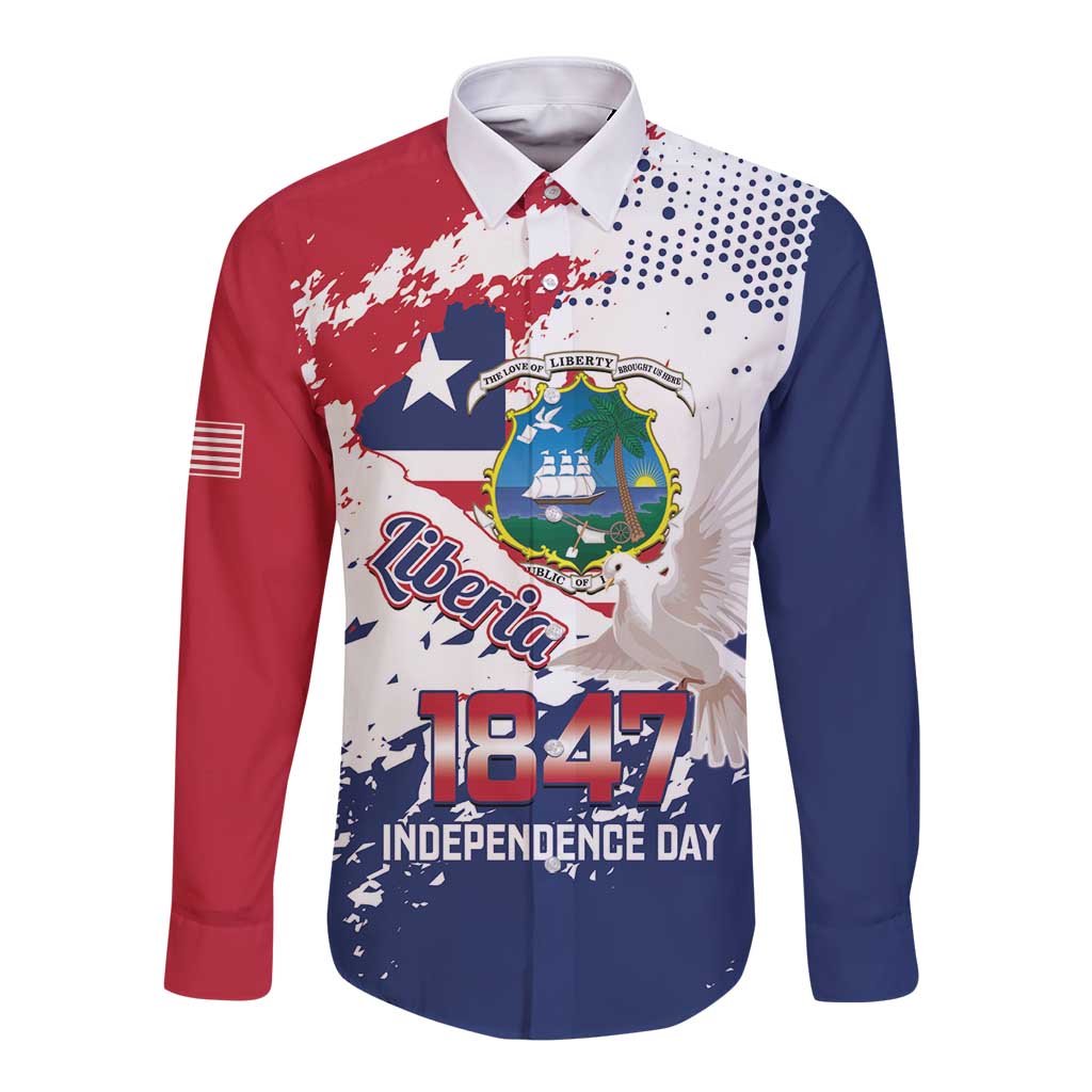 Liberia 1847 Independence Day Long Sleeve Button Shirt Coat Of Arms Grunge Style