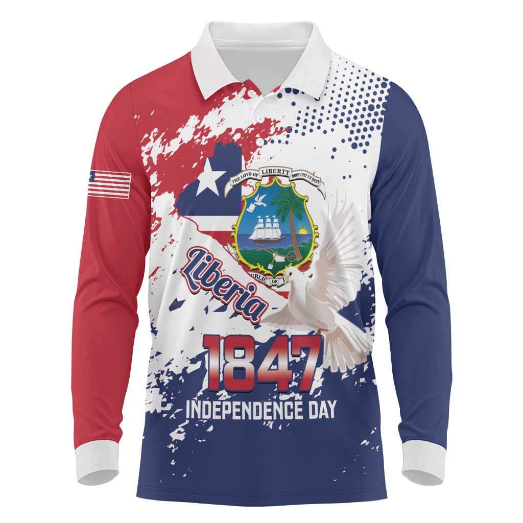 Liberia 1847 Independence Day Long Sleeve Polo Shirt Coat Of Arms Grunge Style