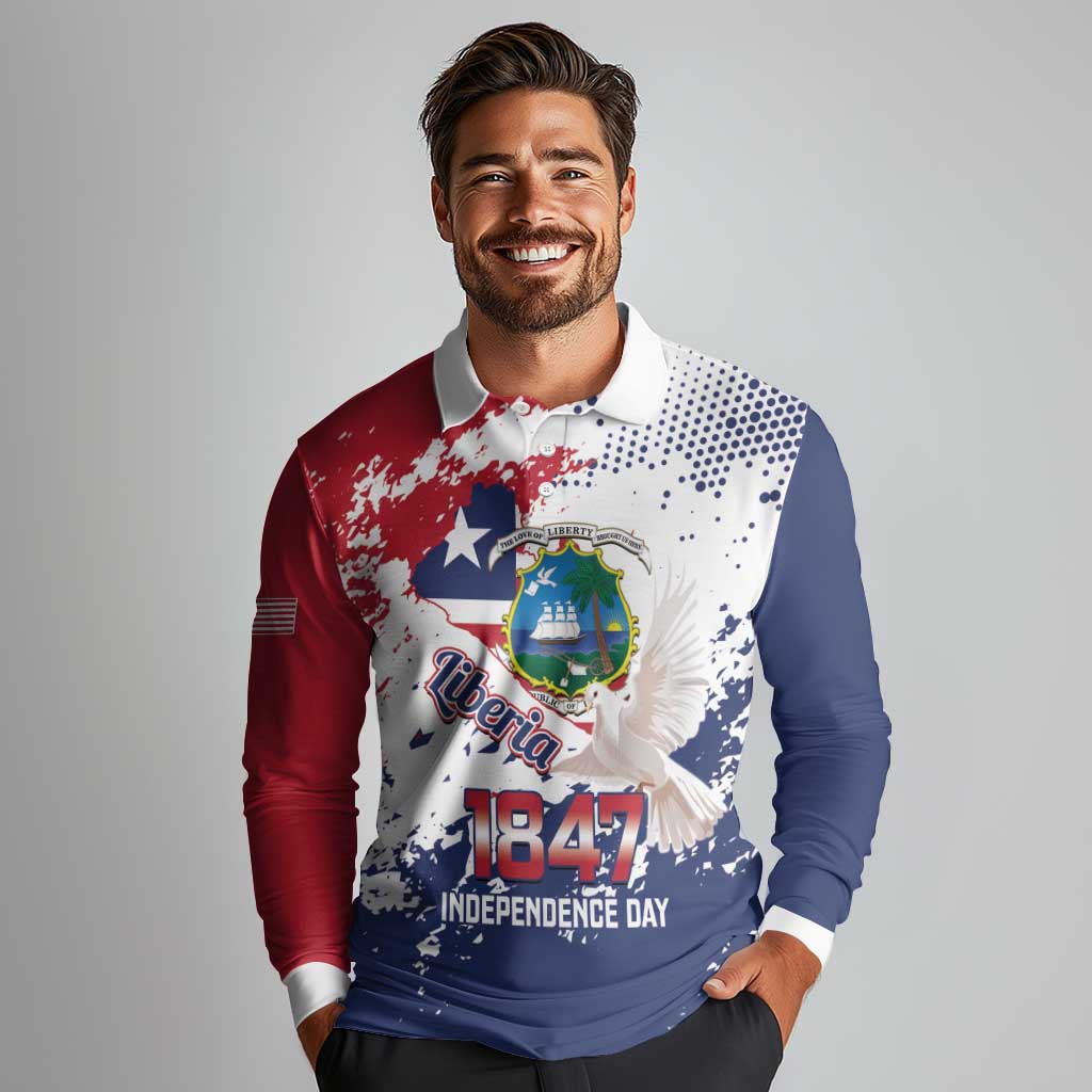 Liberia 1847 Independence Day Long Sleeve Polo Shirt Coat Of Arms Grunge Style