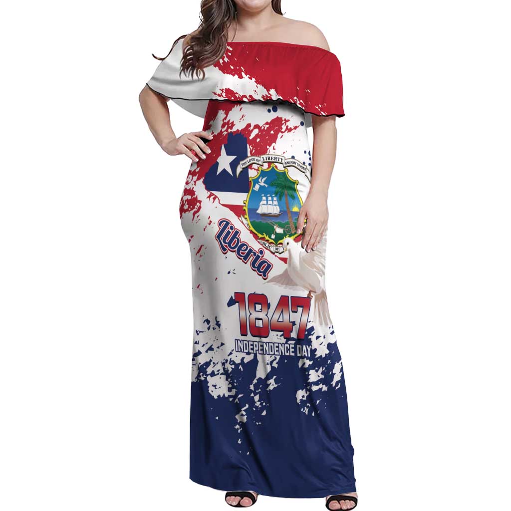 Liberia 1847 Independence Day Off Shoulder Maxi Dress Coat Of Arms Grunge Style