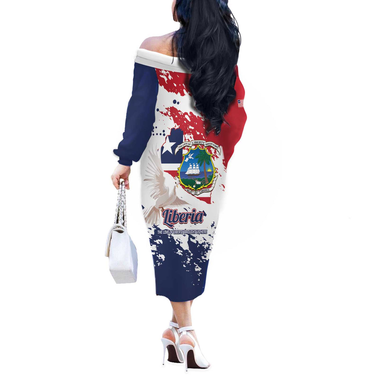 Liberia 1847 Independence Day Off The Shoulder Long Sleeve Dress Coat Of Arms Grunge Style