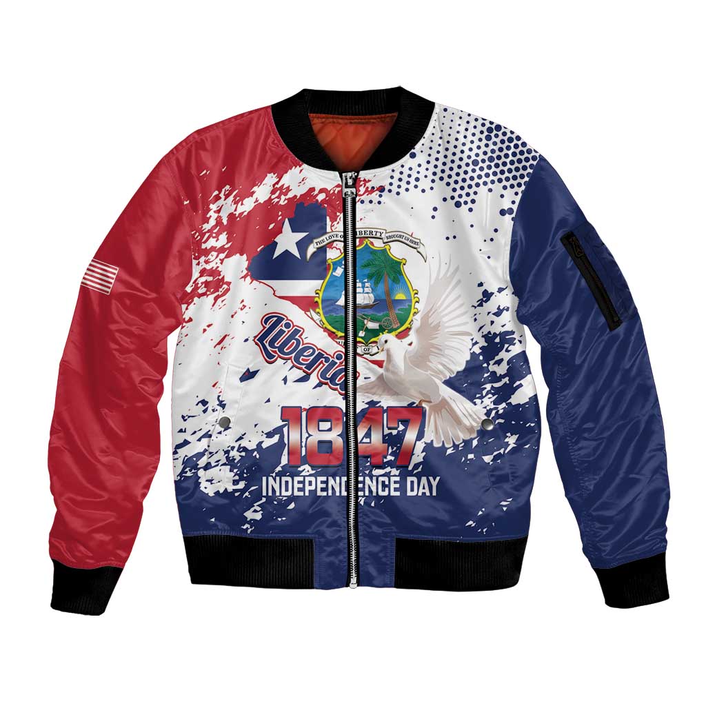 Liberia 1847 Independence Day Sleeve Zip Bomber Jacket Coat Of Arms Grunge Style