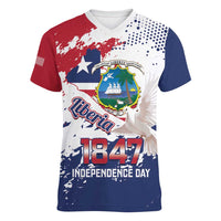 Liberia 1847 Independence Day Women V-Neck T-Shirt Coat Of Arms Grunge Style