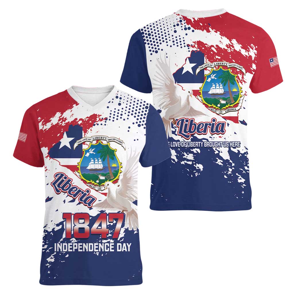 Liberia 1847 Independence Day Women V-Neck T-Shirt Coat Of Arms Grunge Style