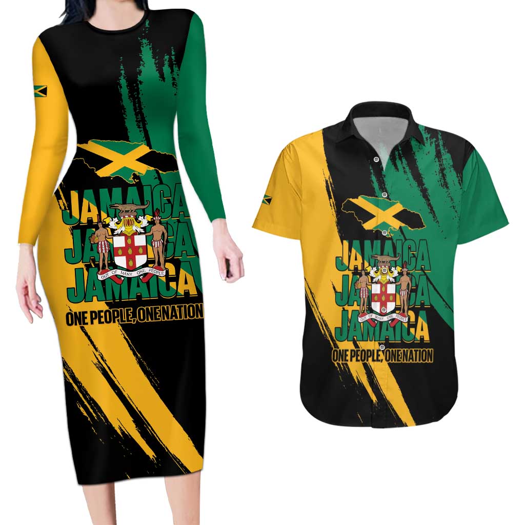 Jamaica Independence Day Couples Matching Long Sleeve Bodycon Dress and Hawaiian Shirt One People One Nation