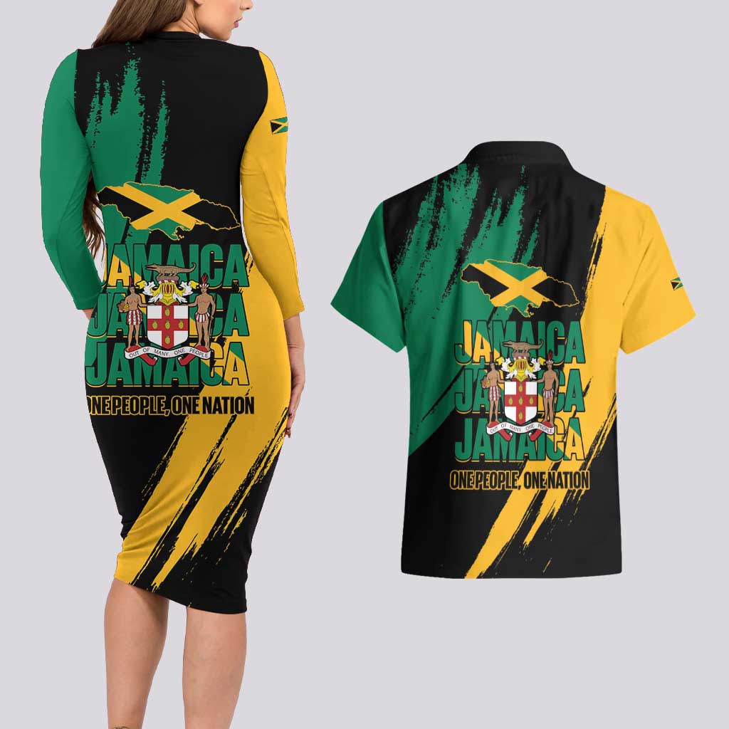 Jamaica Independence Day Couples Matching Long Sleeve Bodycon Dress and Hawaiian Shirt One People One Nation
