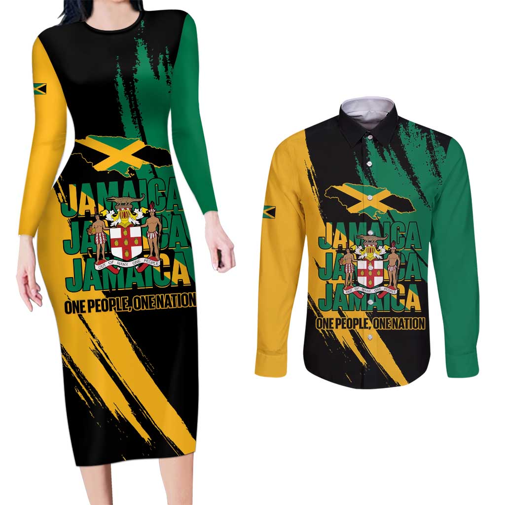 Jamaica Independence Day Couples Matching Long Sleeve Bodycon Dress and Long Sleeve Button Shirt One People One Nation