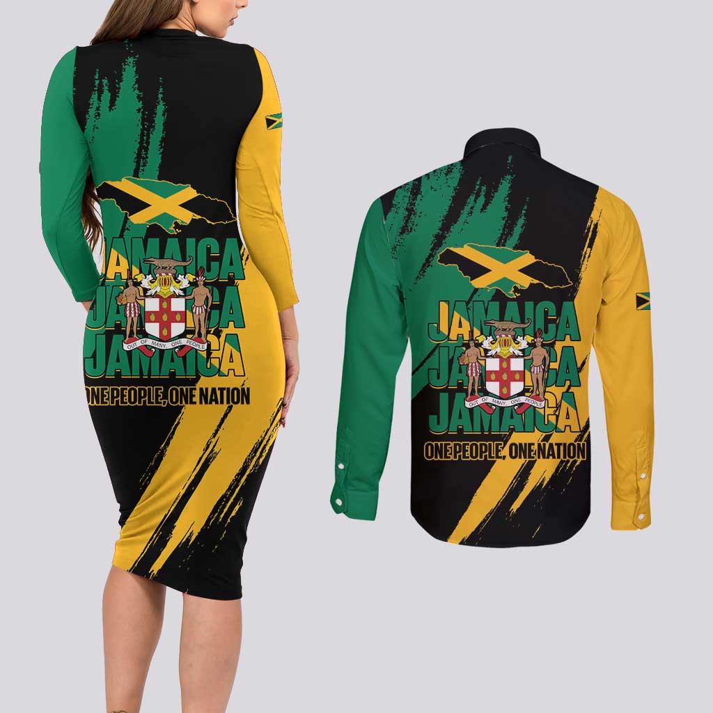 Jamaica Independence Day Couples Matching Long Sleeve Bodycon Dress and Long Sleeve Button Shirt One People One Nation