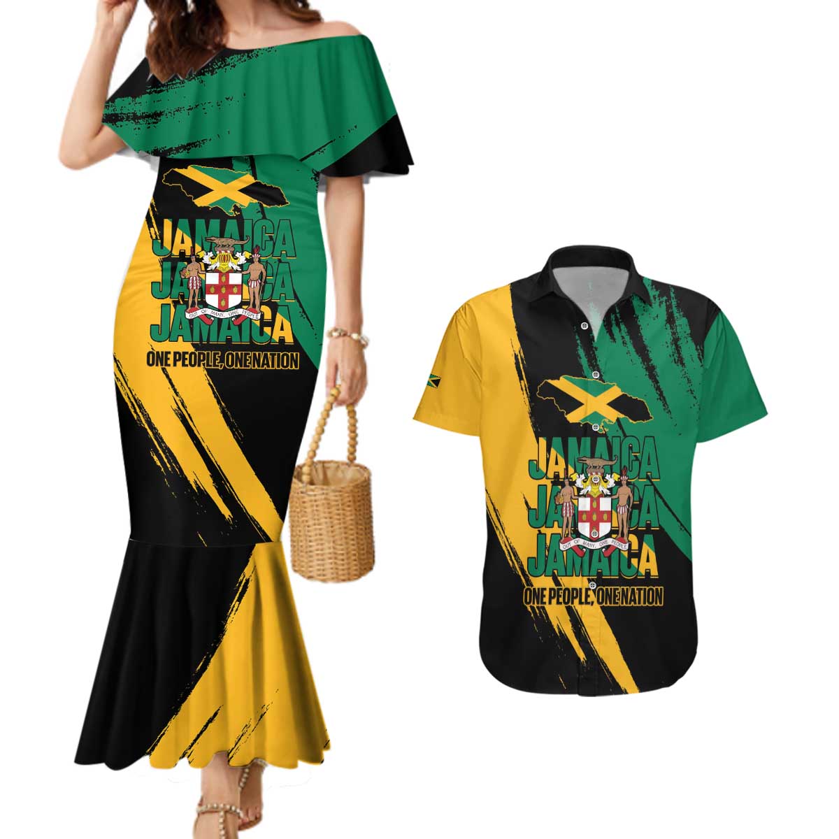 Jamaica Independence Day Couples Matching Mermaid Dress and Hawaiian Shirt One People One Nation