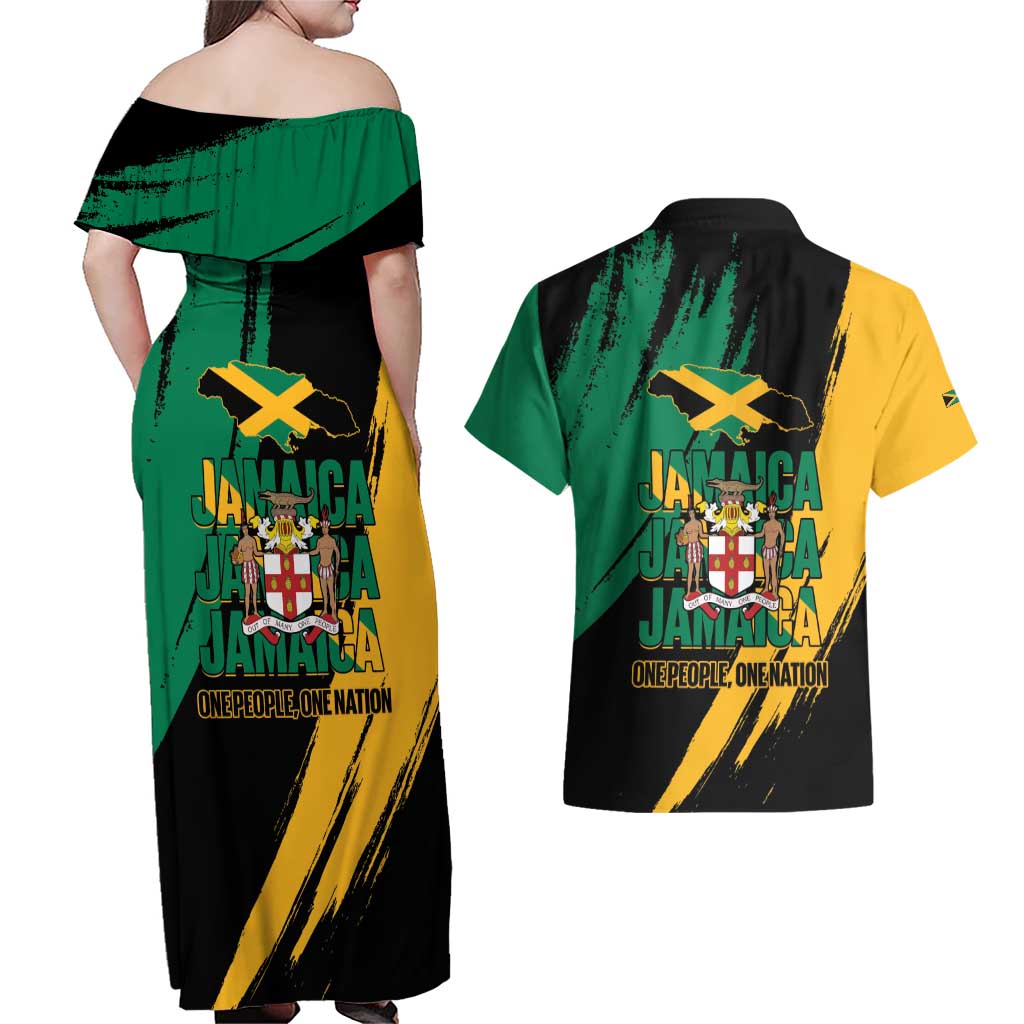Jamaica Independence Day Couples Matching Off Shoulder Maxi Dress and Hawaiian Shirt One People One Nation