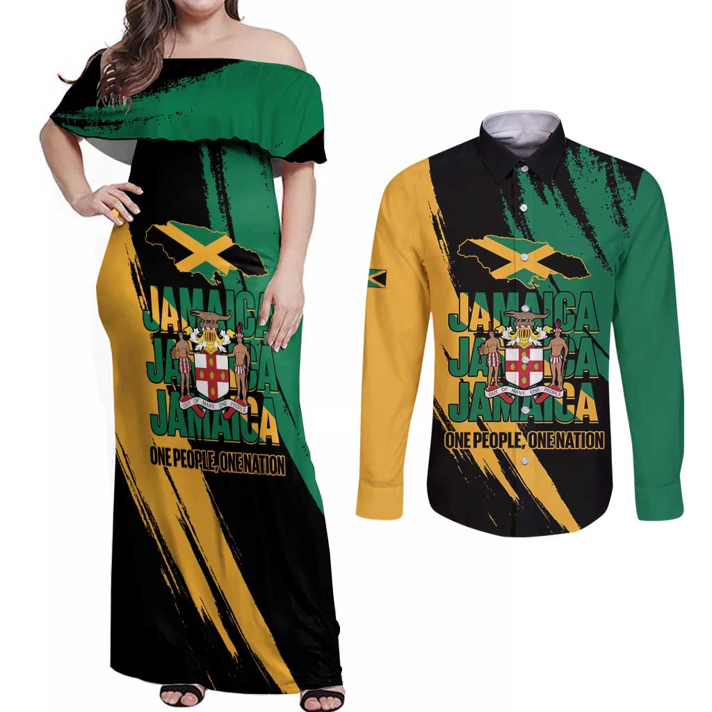 Jamaica Independence Day Couples Matching Off Shoulder Maxi Dress and Long Sleeve Button Shirt One People One Nation