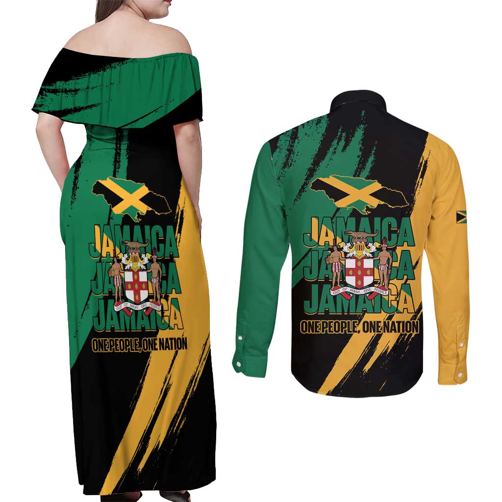 Jamaica Independence Day Couples Matching Off Shoulder Maxi Dress and Long Sleeve Button Shirt One People One Nation