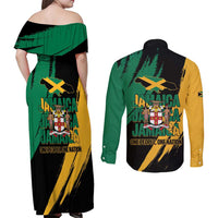 Jamaica Independence Day Couples Matching Off Shoulder Maxi Dress and Long Sleeve Button Shirt One People One Nation