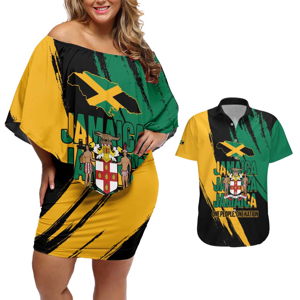 Jamaica Independence Day Couples Matching Off Shoulder Short Dress and Hawaiian Shirt One People One Nation