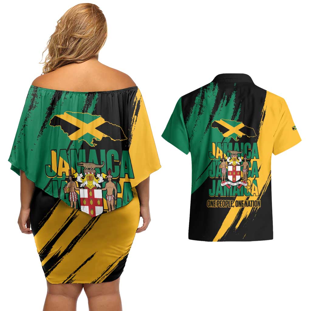 Jamaica Independence Day Couples Matching Off Shoulder Short Dress and Hawaiian Shirt One People One Nation