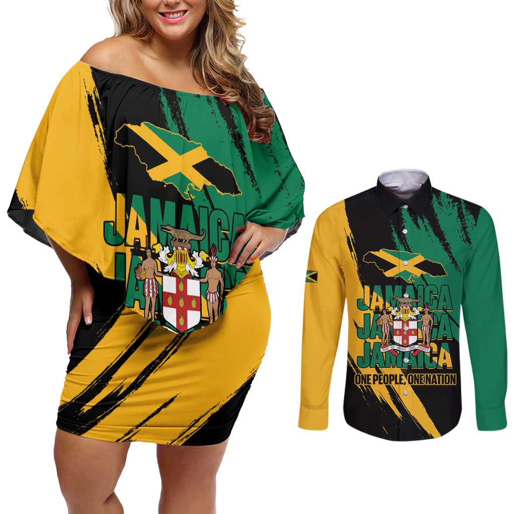 Jamaica Independence Day Couples Matching Off Shoulder Short Dress and Long Sleeve Button Shirt One People One Nation