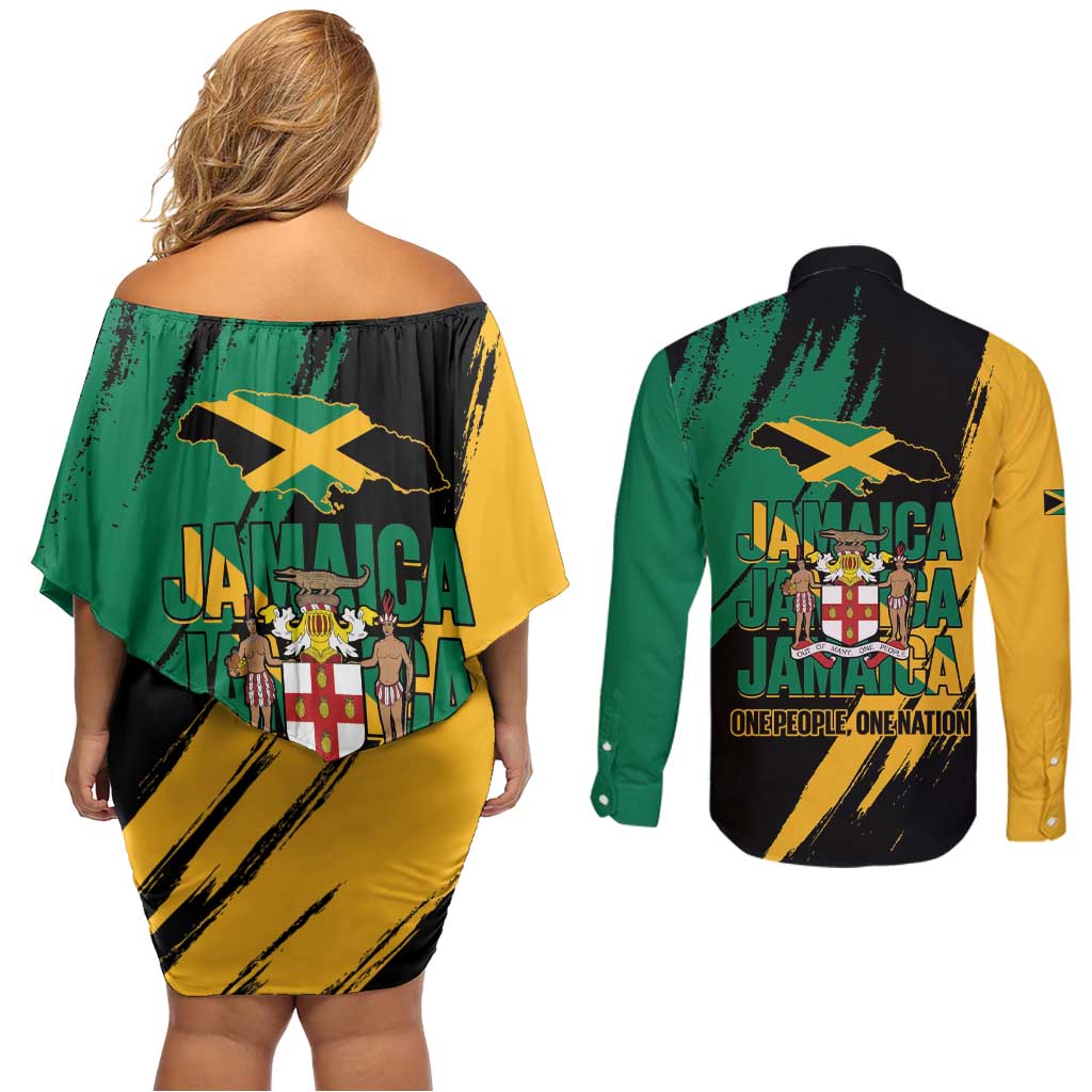 Jamaica Independence Day Couples Matching Off Shoulder Short Dress and Long Sleeve Button Shirt One People One Nation