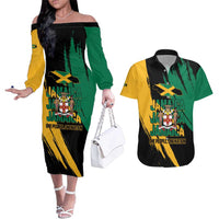 Jamaica Independence Day Couples Matching Off The Shoulder Long Sleeve Dress and Hawaiian Shirt One People One Nation
