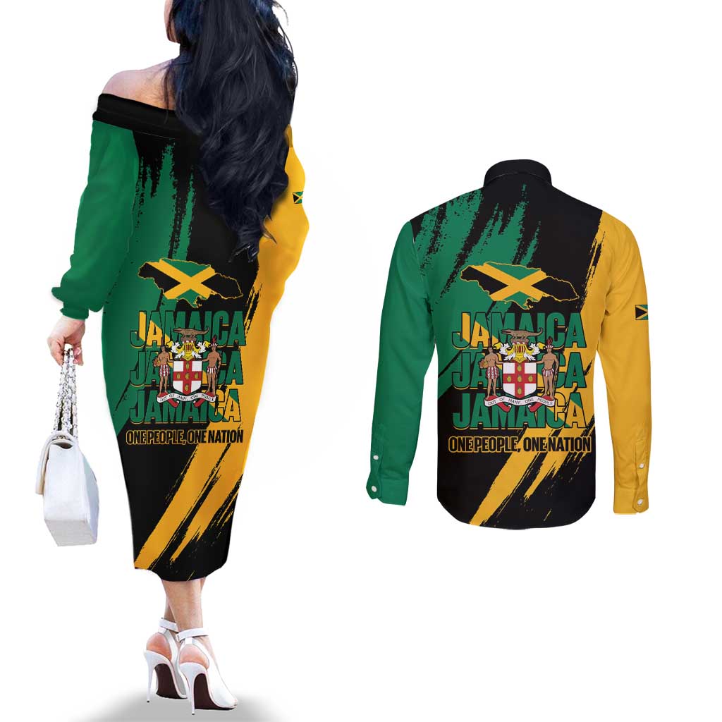 Jamaica Independence Day Couples Matching Off The Shoulder Long Sleeve Dress and Long Sleeve Button Shirt One People One Nation