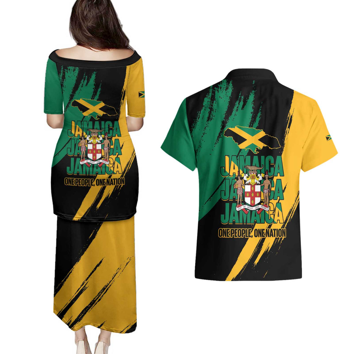 Jamaica Independence Day Couples Matching Puletasi and Hawaiian Shirt One People One Nation