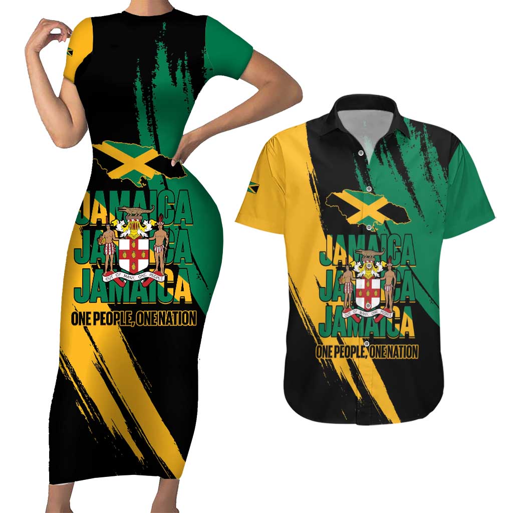 Jamaica Independence Day Couples Matching Short Sleeve Bodycon Dress and Hawaiian Shirt One People One Nation