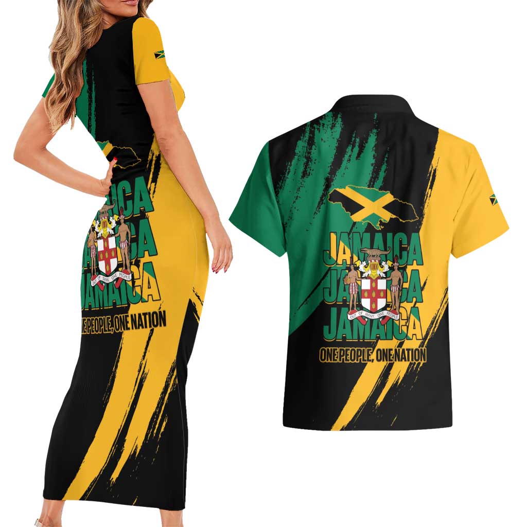 Jamaica Independence Day Couples Matching Short Sleeve Bodycon Dress and Hawaiian Shirt One People One Nation
