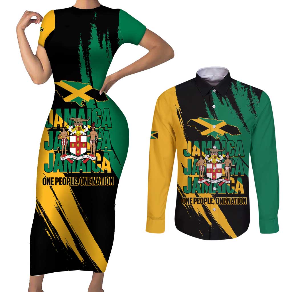 Jamaica Independence Day Couples Matching Short Sleeve Bodycon Dress and Long Sleeve Button Shirt One People One Nation