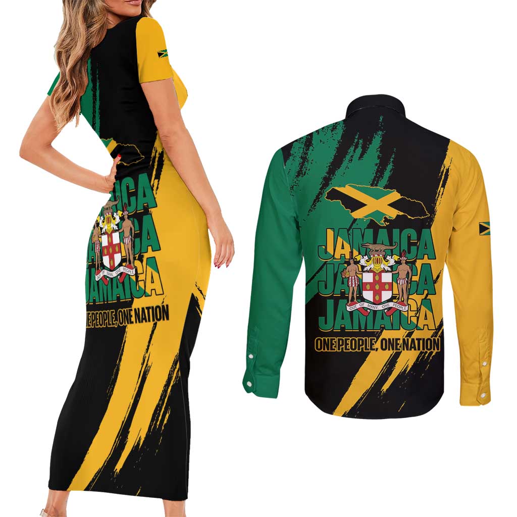 Jamaica Independence Day Couples Matching Short Sleeve Bodycon Dress and Long Sleeve Button Shirt One People One Nation